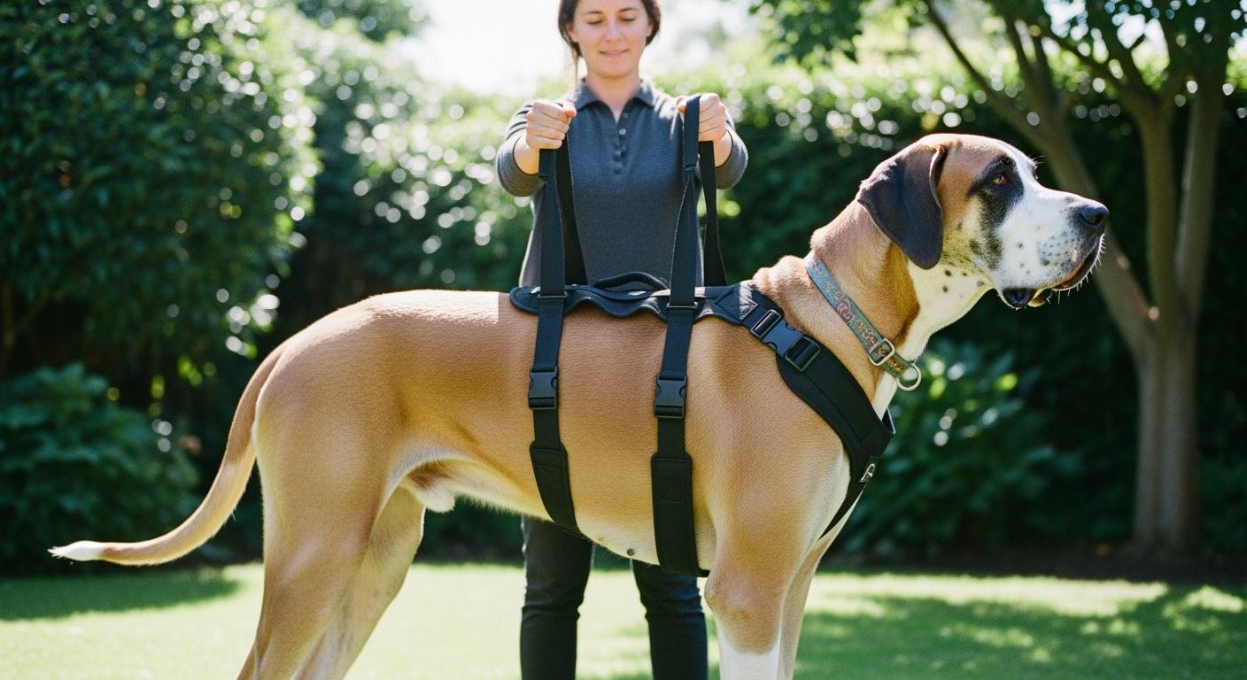 Dog wearing a full body lift harness with adjustable handles