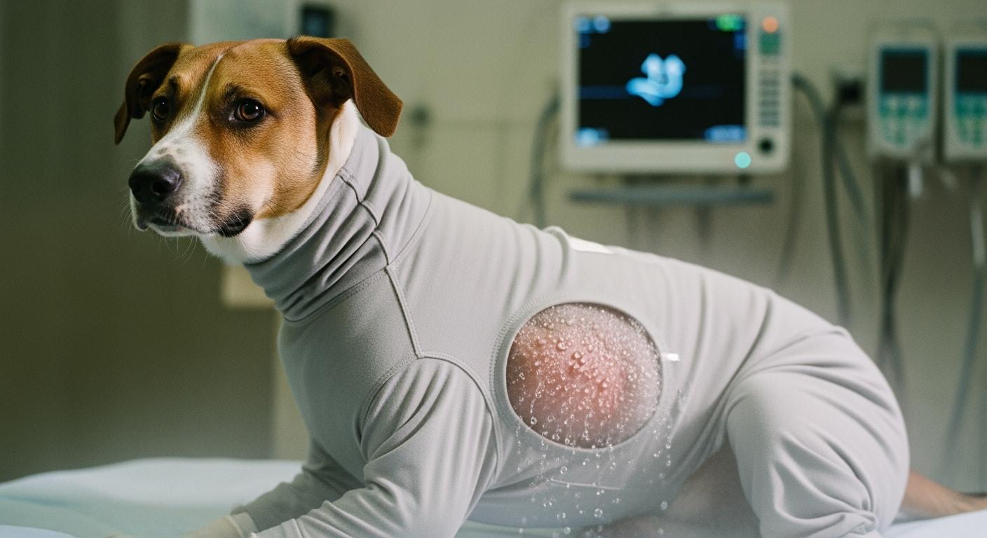 Dog wearing a recovery suit with breathable fabric panels for wound protection