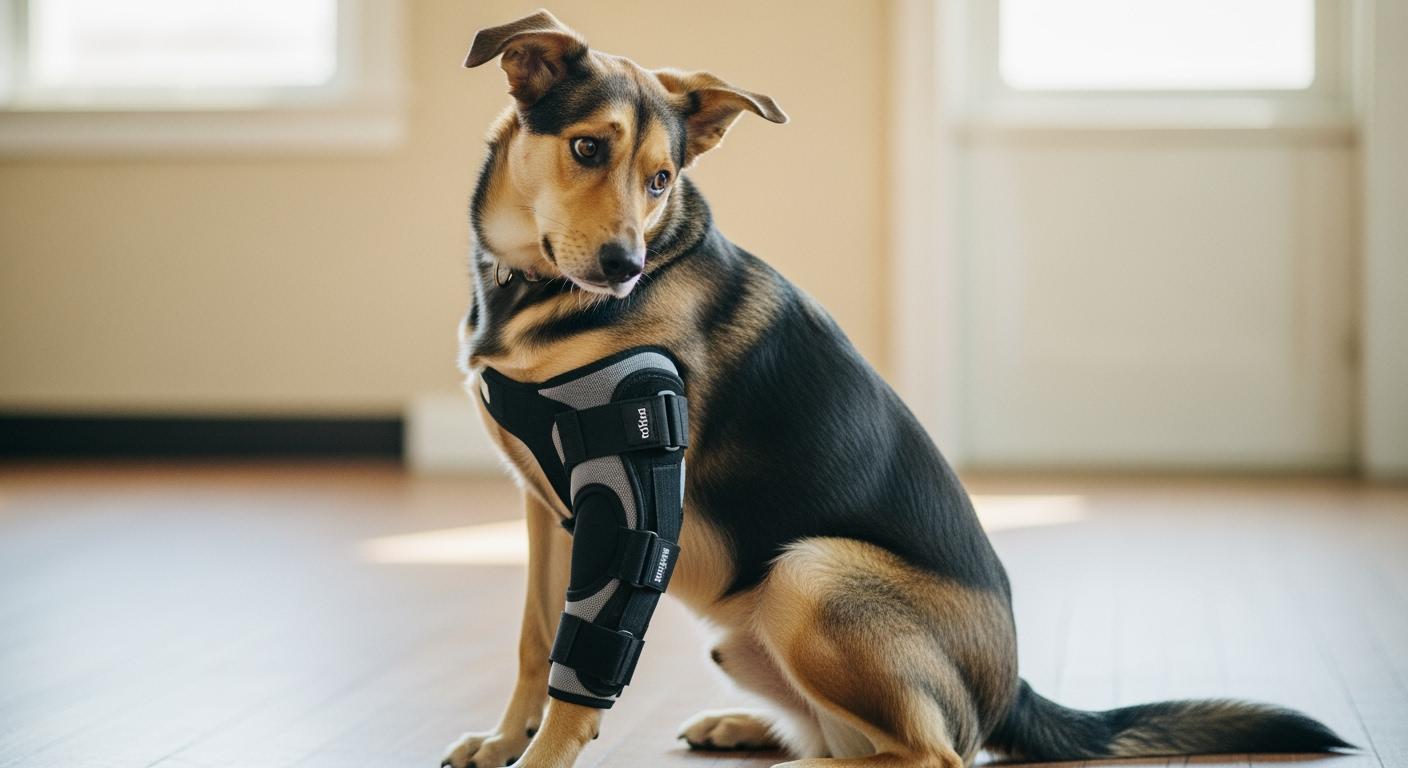 Dog wearing a hinged knee brace on hind leg during indoor fit assessment