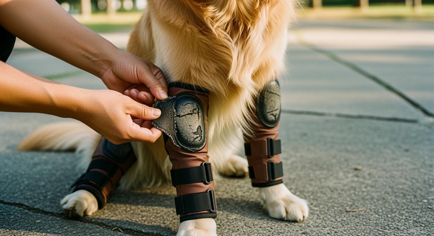 Dog elbow knee guard with pad and outer cap visible