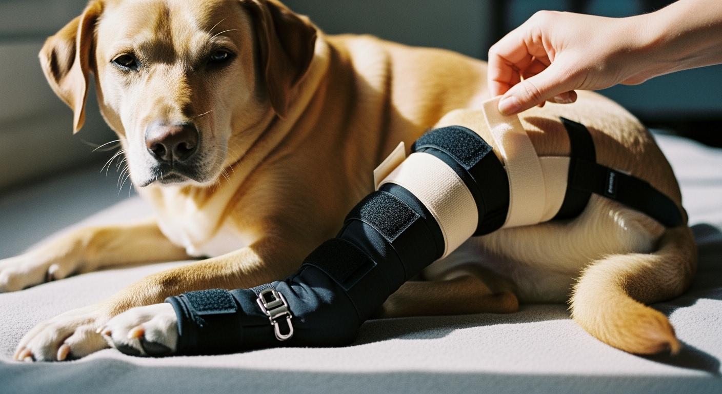 Dog wearing rear leg sleeve
