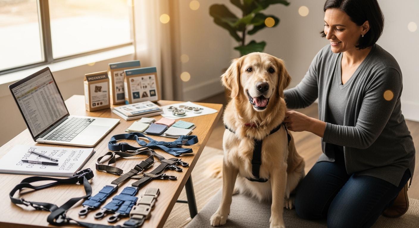 Senior dog being supported by a mobility harness during assisted walking