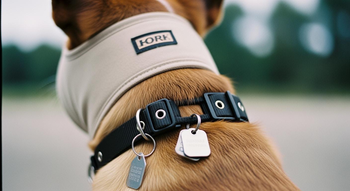 Dog wearing foxtail head protector with collar showing rear closure area