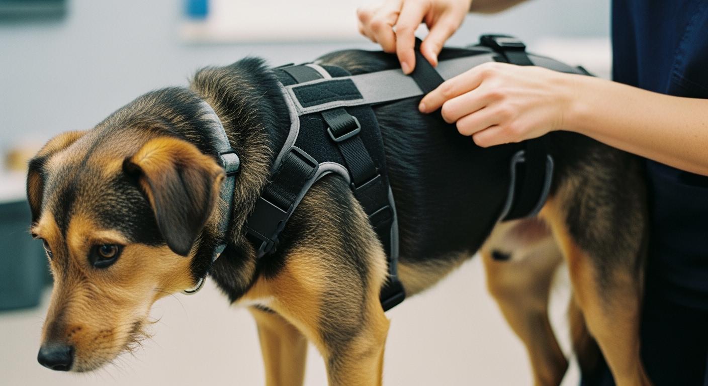Dog wearing a back brace while attempting to sniff the ground