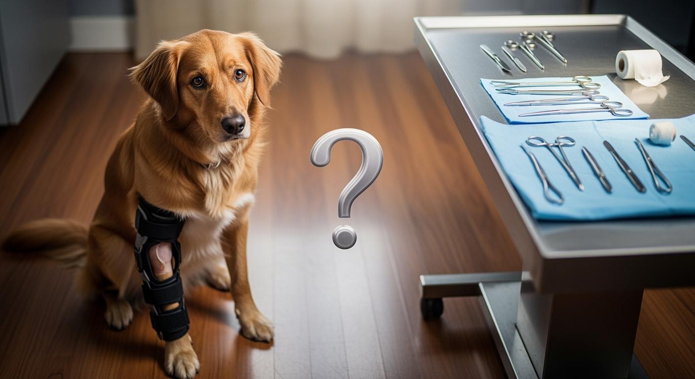 Dog wearing a knee brace on hind leg during supported standing