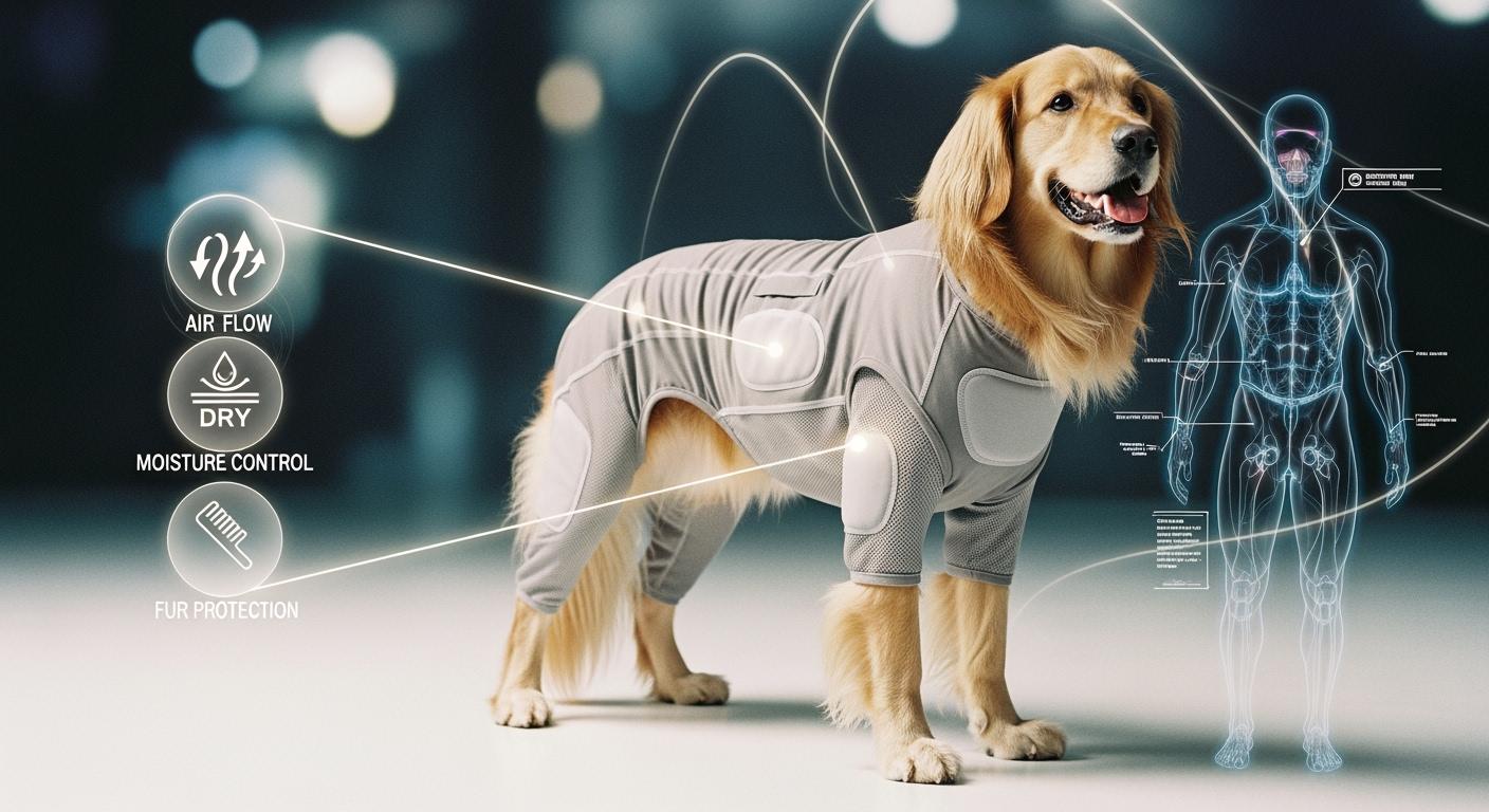 Long-haired dog wearing a recovery suit, showing areas prone to matting
