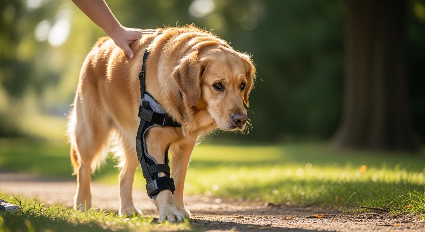 Dog with luxating patella wearing a knee brace during a supervised walk