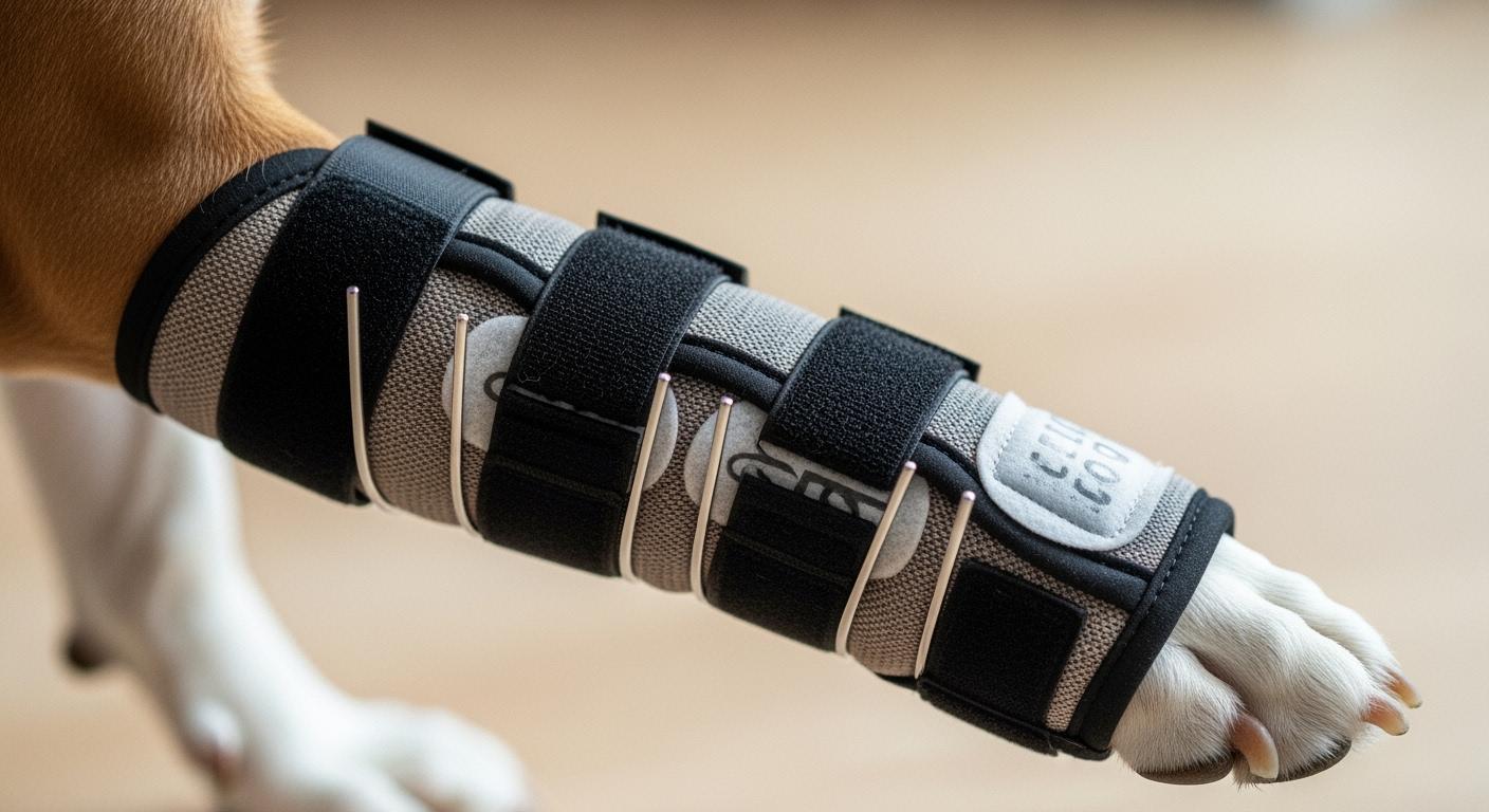 Dog wearing a wrist brace with metal stay support