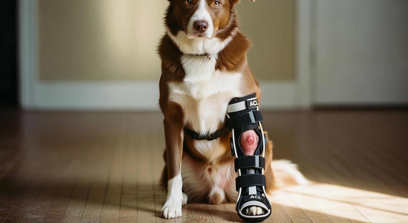 Dog wearing a hind leg knee brace standing on a non-slip surface