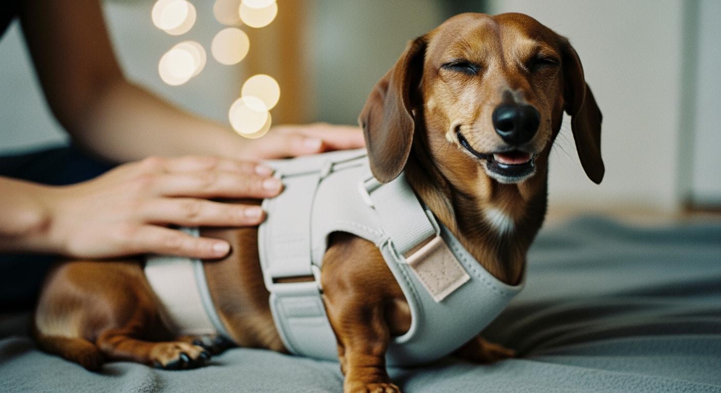 Small dog wearing a back brace showing spinal support panel placement