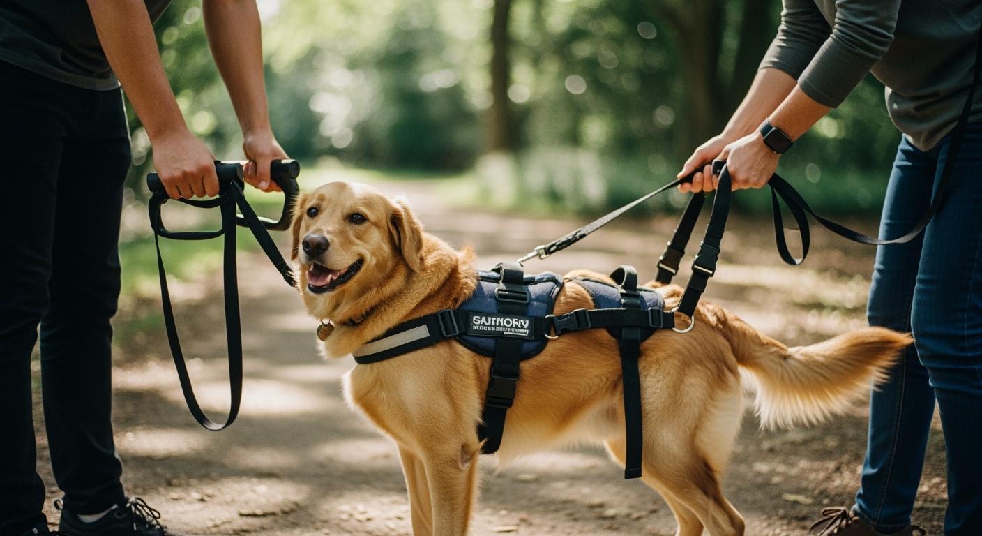 Dog wearing a full-body mobility support harness during assisted standing