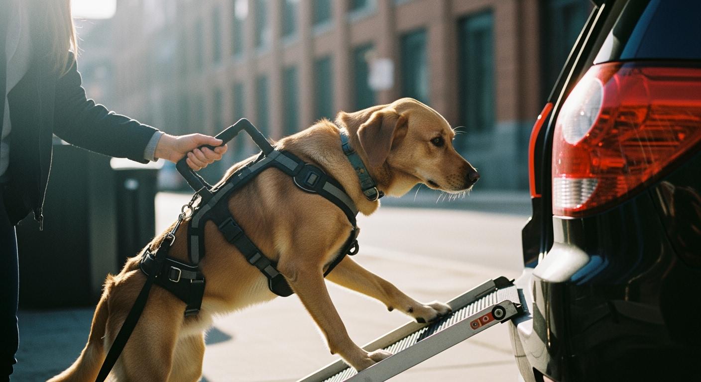 Dog standing on a car ramp surface with lift harness