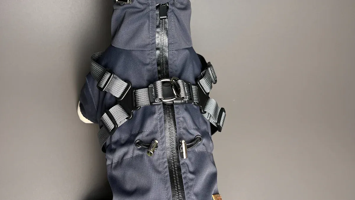 Side-stabilized dog knee brace showing hinge and panel placement along the joint line