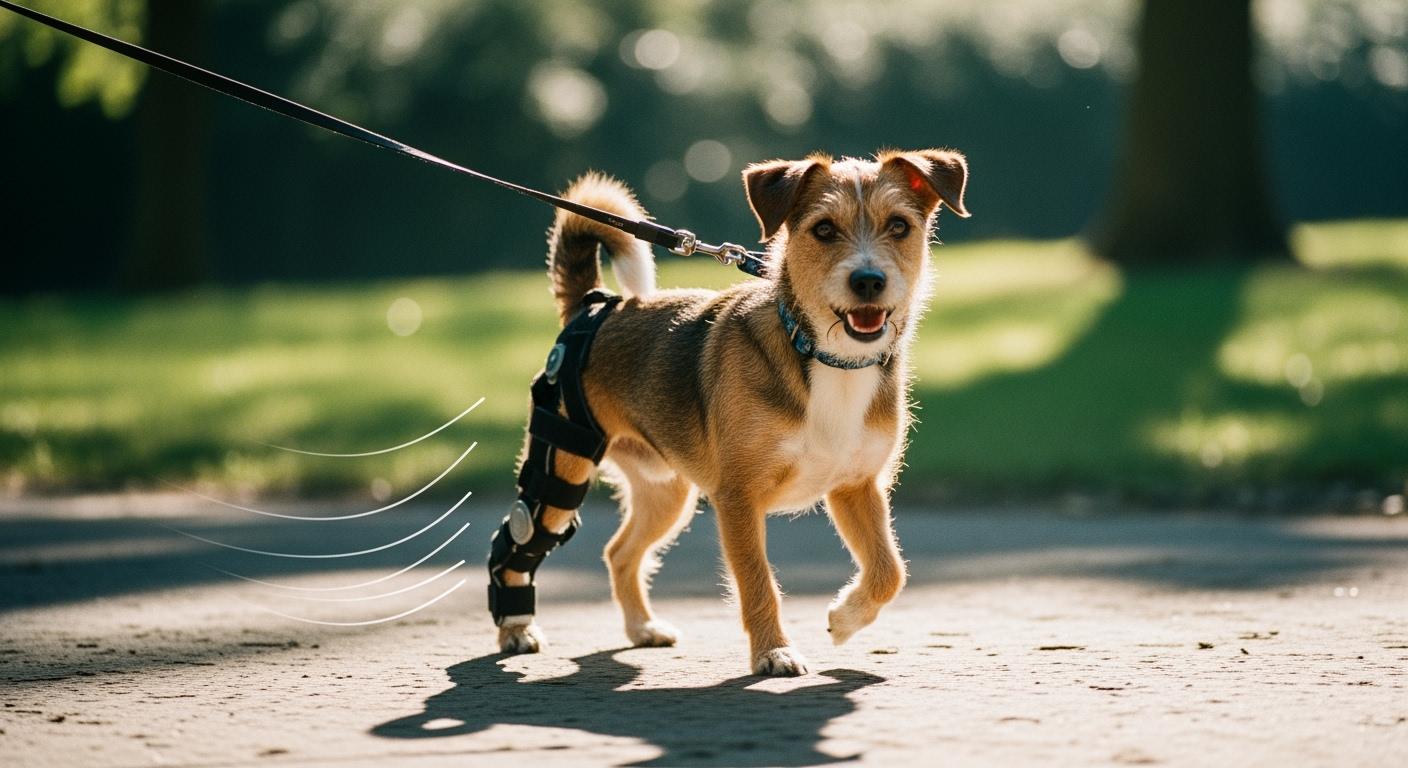 Stifle brace alignment check on a small dog during walking