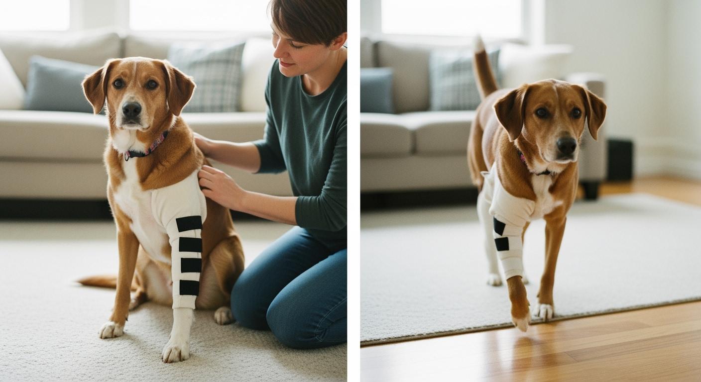 Dog wearing a protective lick sleeve on hind leg