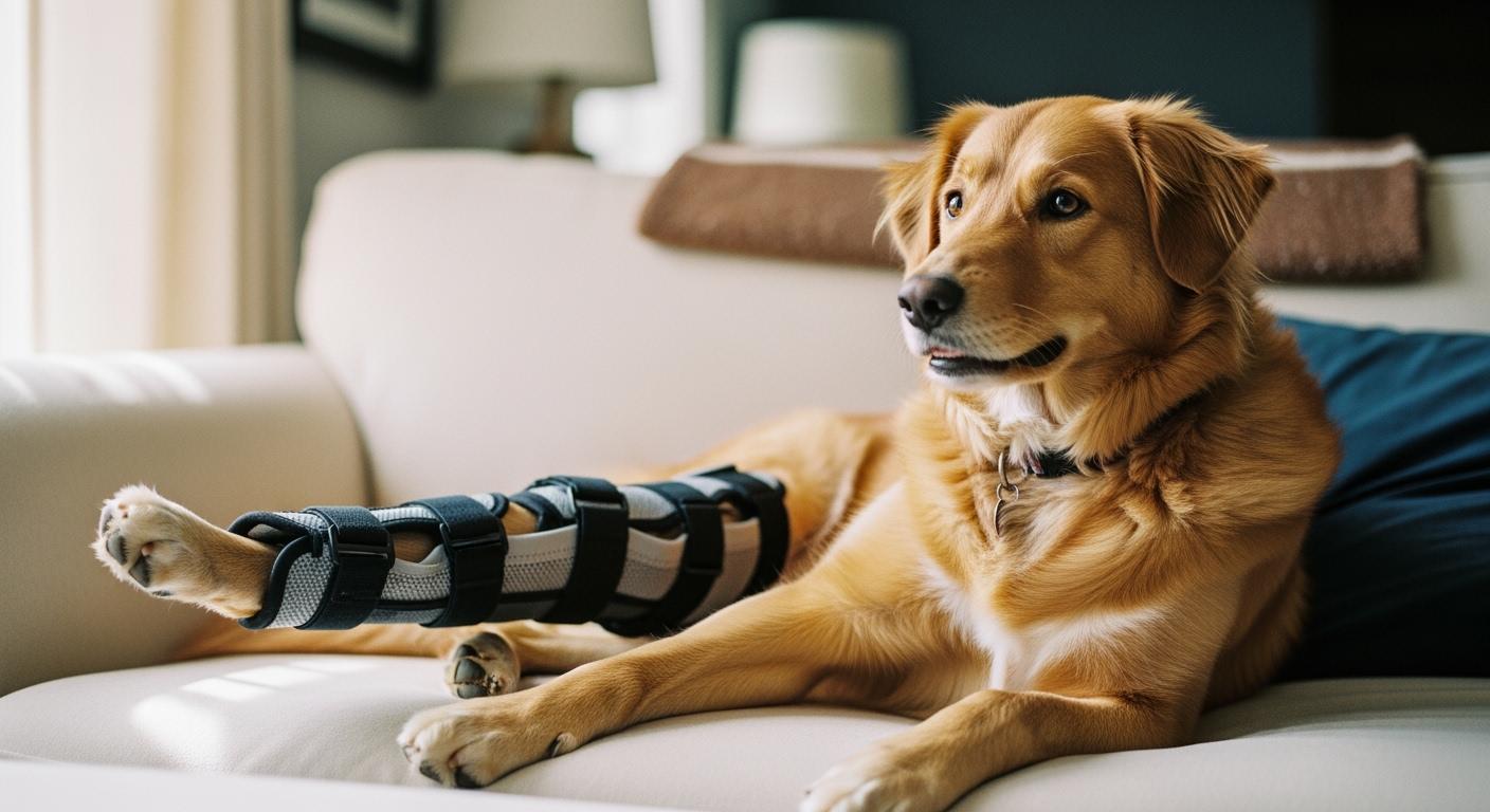 Dog wearing a hinged knee brace during a slow controlled walk on a flat surface