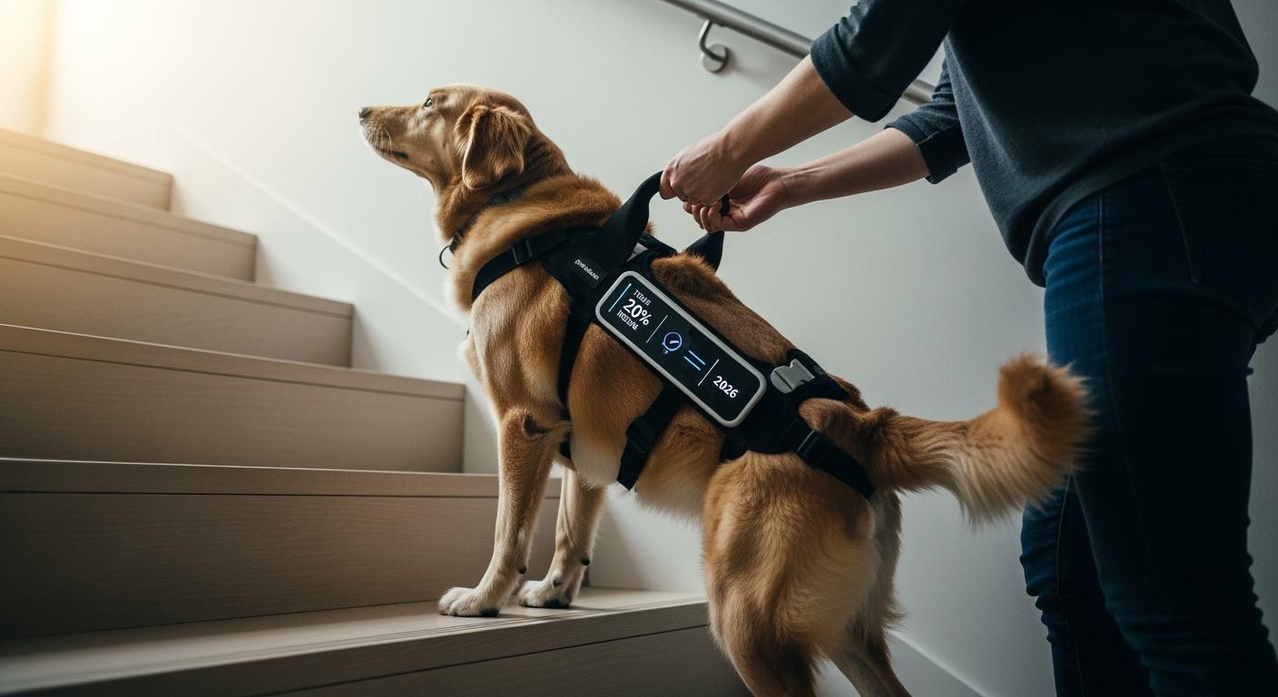 Dog standing on stairs with handler preparing rear support harness