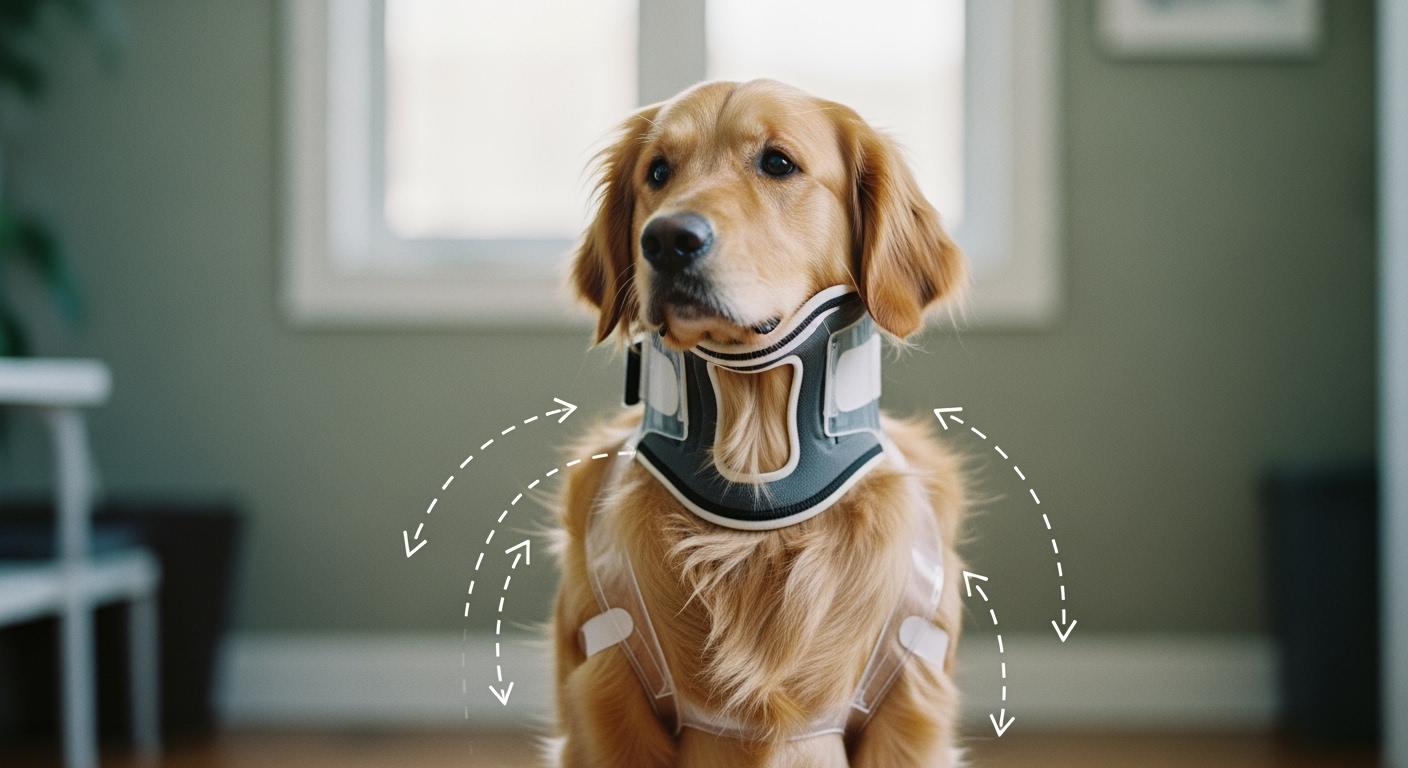 Dog wearing a neck brace that has slipped down toward the shoulders