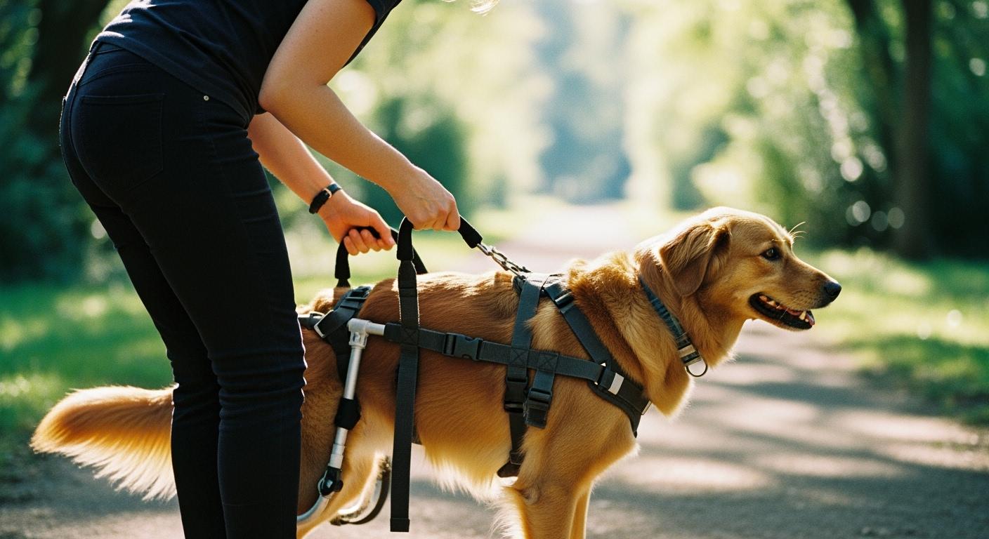Dog wearing a mobility support harness during assisted walking