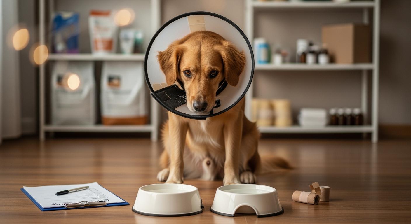 Dog wearing neck brace approaching food bowl