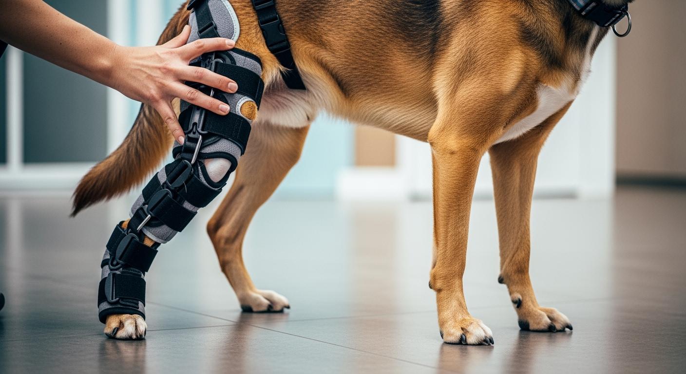 Dog wearing a knee brace during a walk