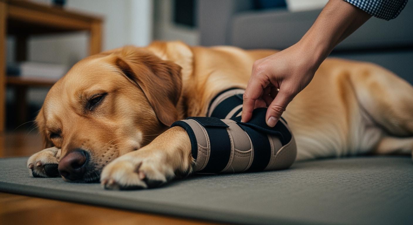 Dog elbow guard pad centered over elbow in standing position