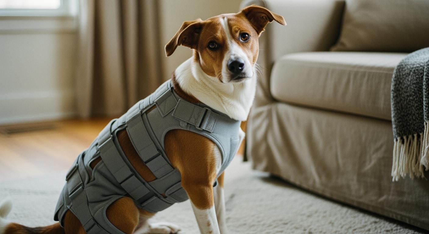 Dog back brace for IVDD showing dorsal support panel and belly strap placement