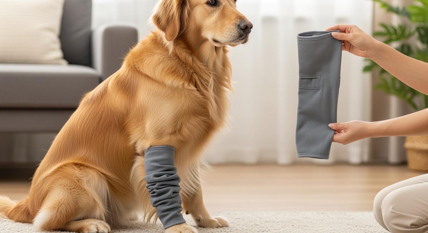 Hind leg recovery sleeve bunching behind a dog's knee during sitting