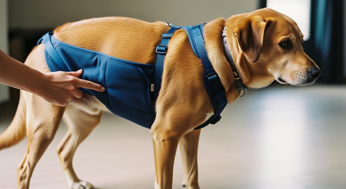 Dog wearing a rear lift harness with the belly support panel visible against the abdomen