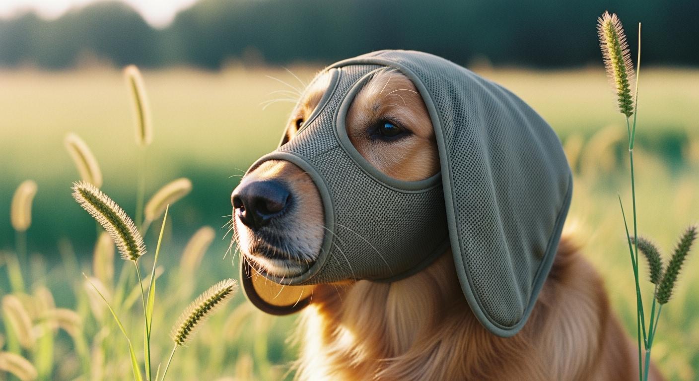Dog wearing protective mesh head cover in tall dry grass