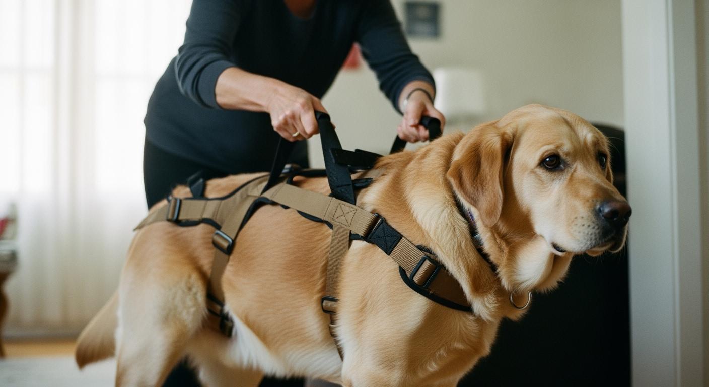 Full-body dog lift harness with front and rear handles for balanced support