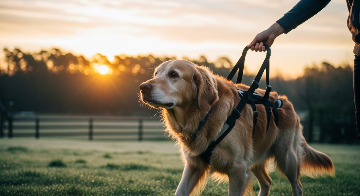 Senior dog standing with lift harness support on a morning walk