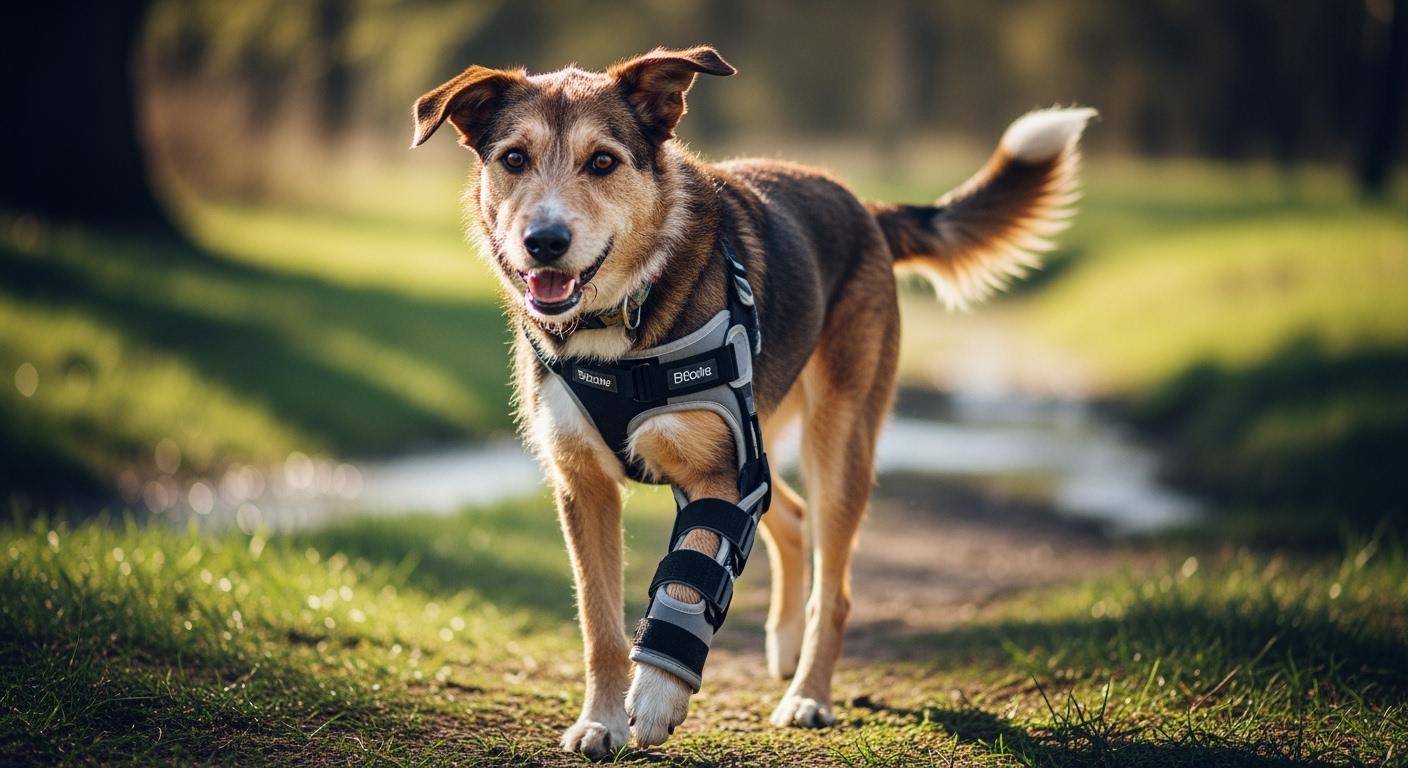 Dog wearing an orthopedic leg brace during a walk