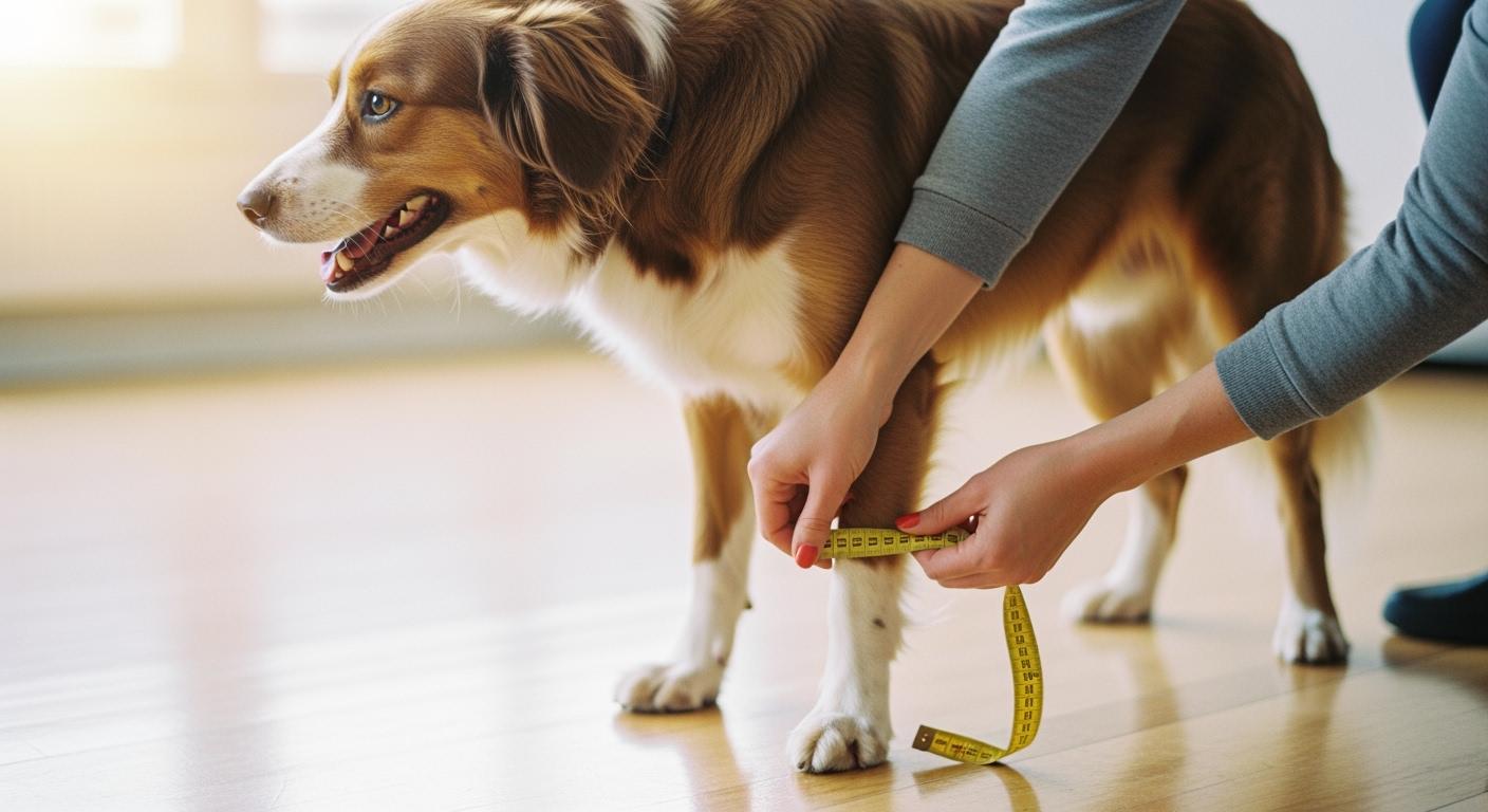 Dog leg brace measurement landmarks showing thigh, knee, and hock positions