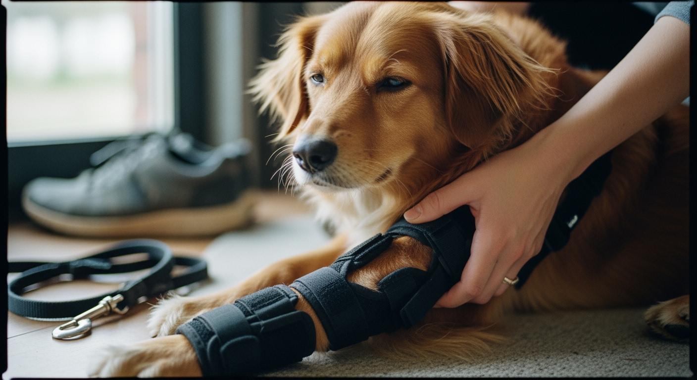 Dog wearing a CCL knee brace during a controlled leash walk on pavement