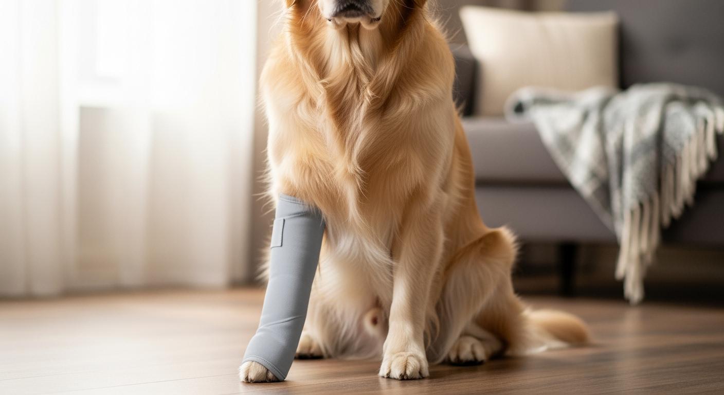 Dog wearing a front-leg protective sleeve indoors