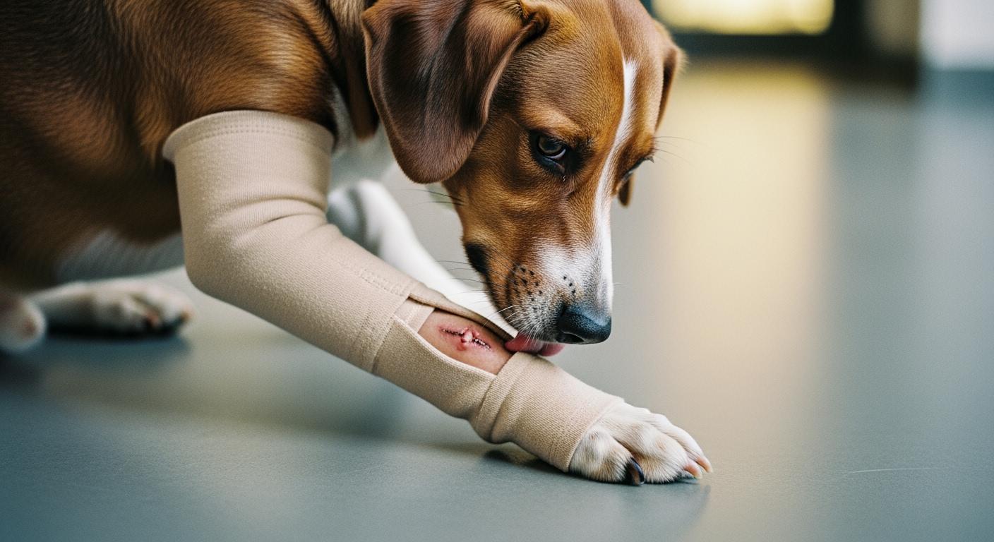 Dog front leg incision with anti lick sleeve coverage gap at cuff edge