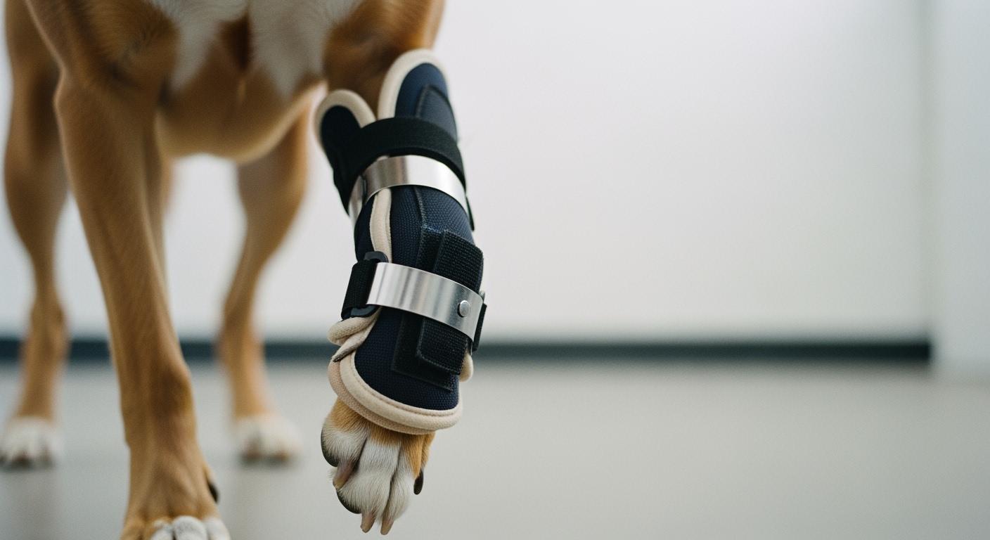 Dog wearing a carpal brace on the front leg