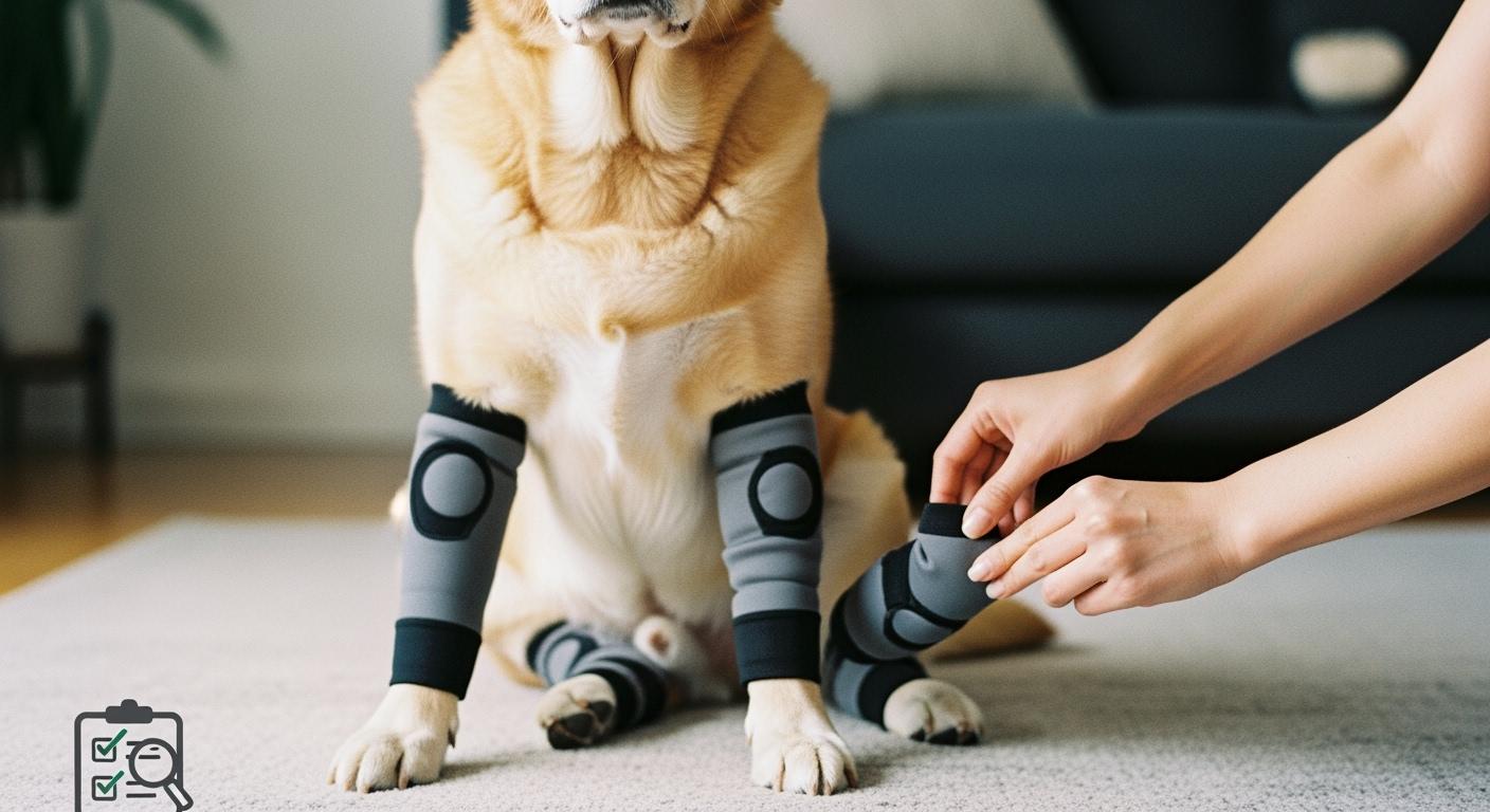 Dog wearing a knee compression sleeve during a standing fit check