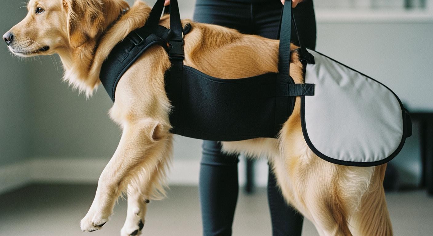 Dog standing with lift harness belly support panel visible