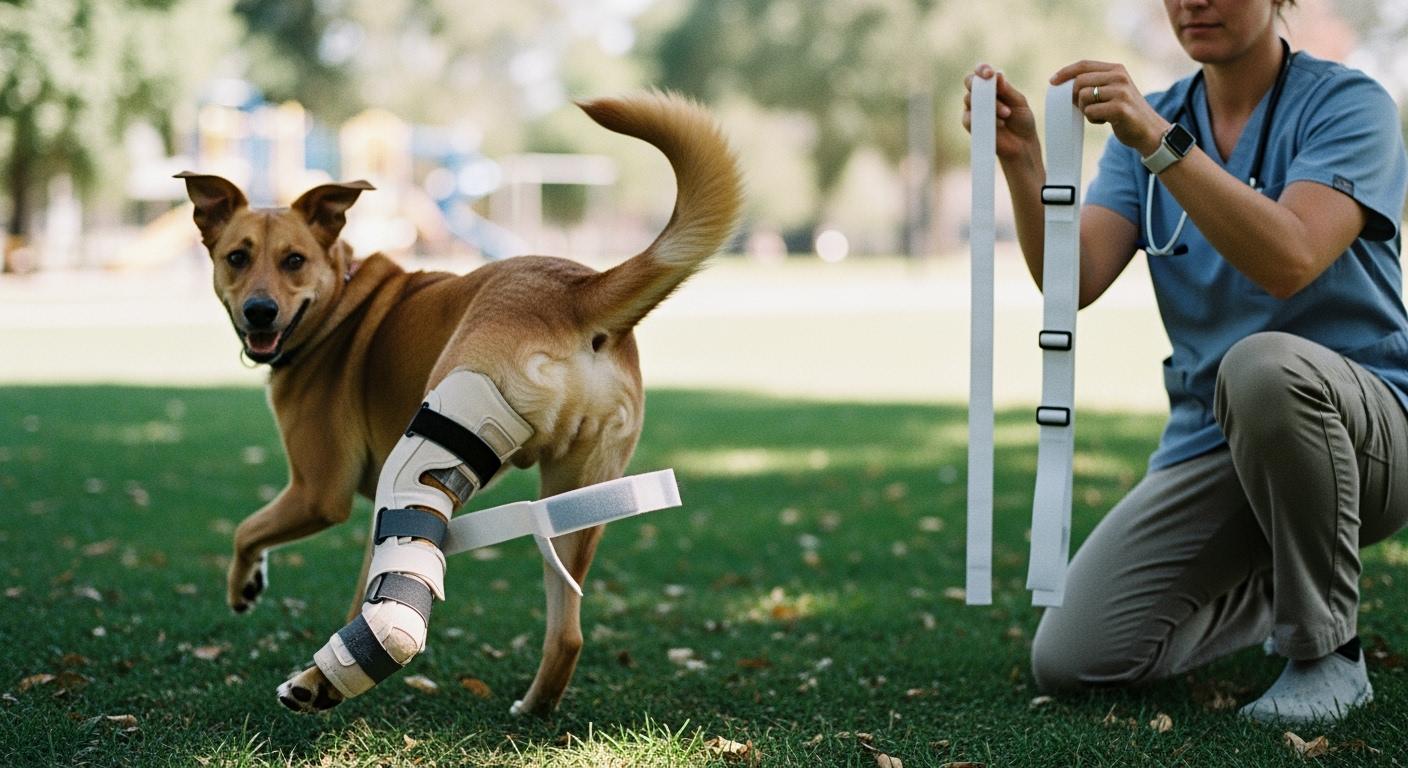 Dog wearing a leg brace with closure strap visible