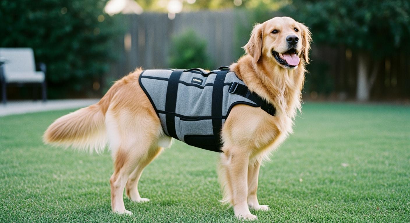 Large dog wearing a back brace with belly support visible