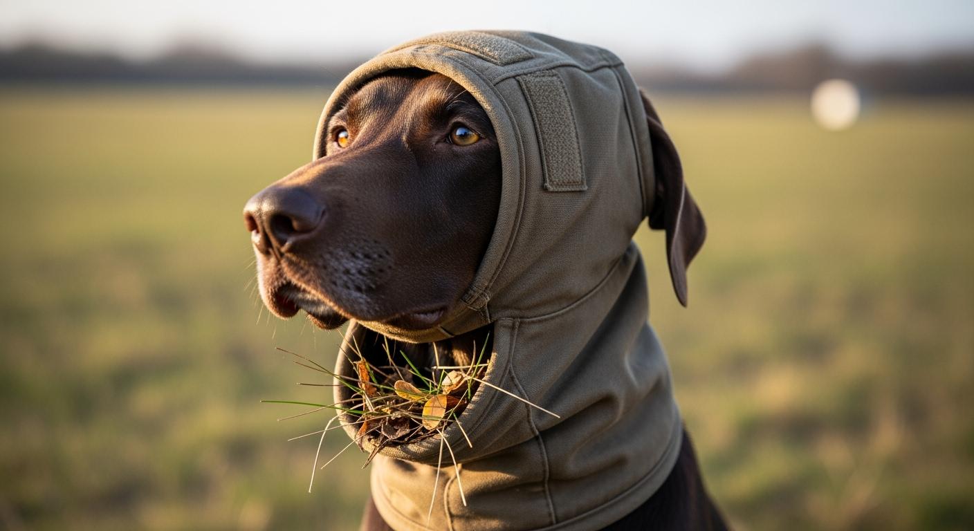 Dog wearing a mesh field guard head protector during outdoor walk