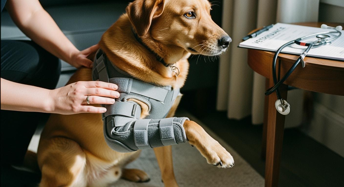 Dog wearing an elbow knee guard for hygroma pressure relief