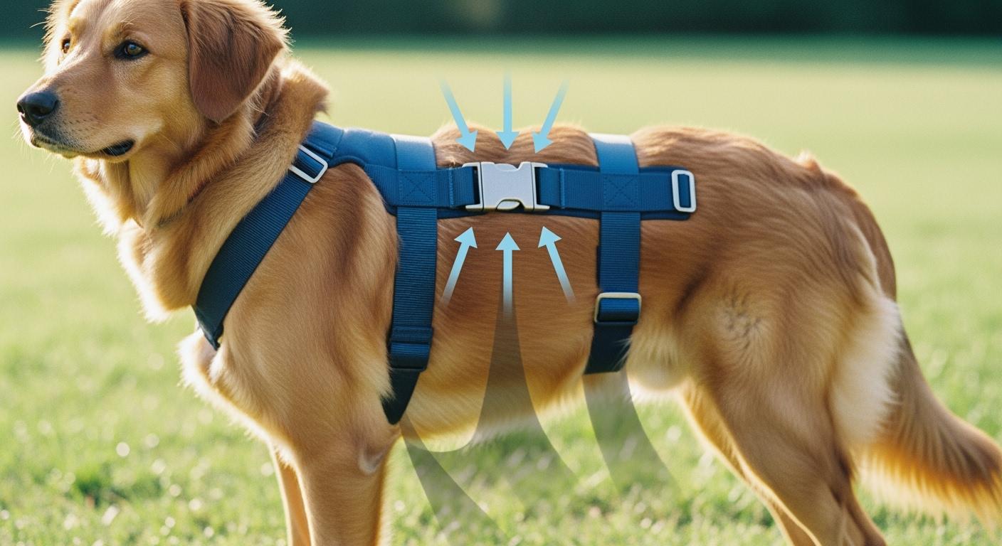 Dog standing in a lift harness with visible buckle placement