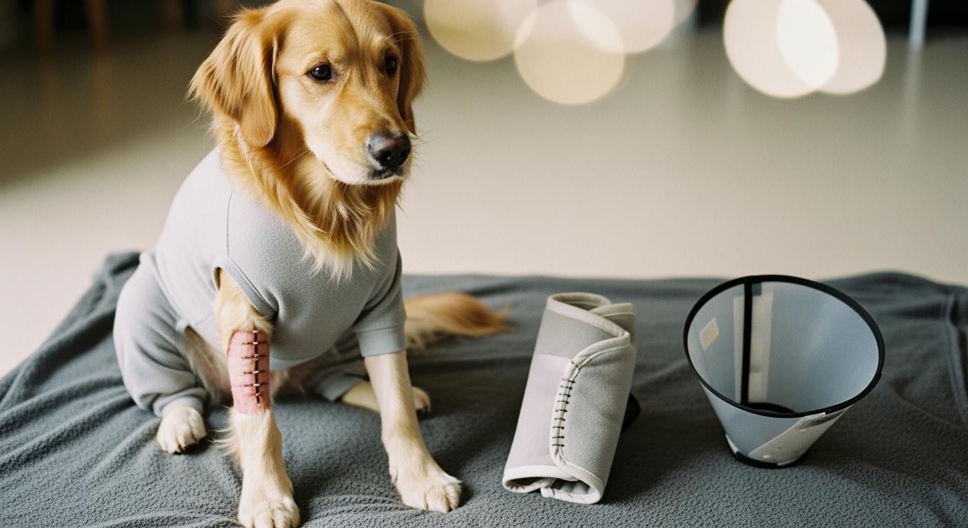 Dog wearing a recovery suit after leg surgery