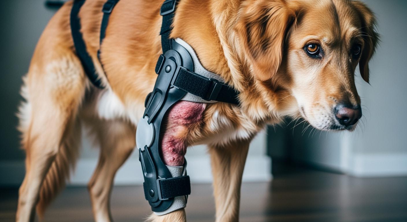 Dog wearing a knee brace during a short walk