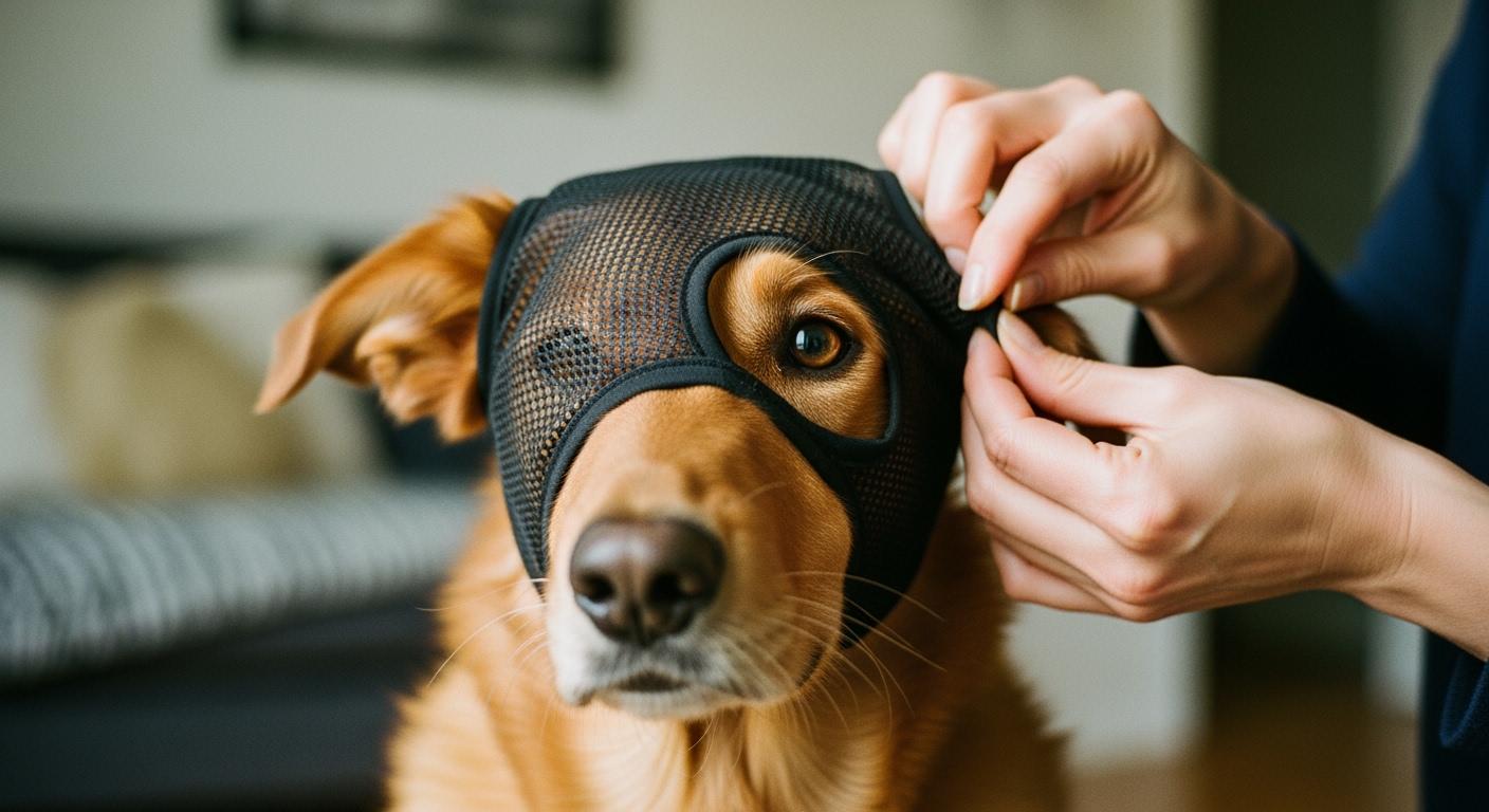 Dog wearing a mesh head protector outdoors