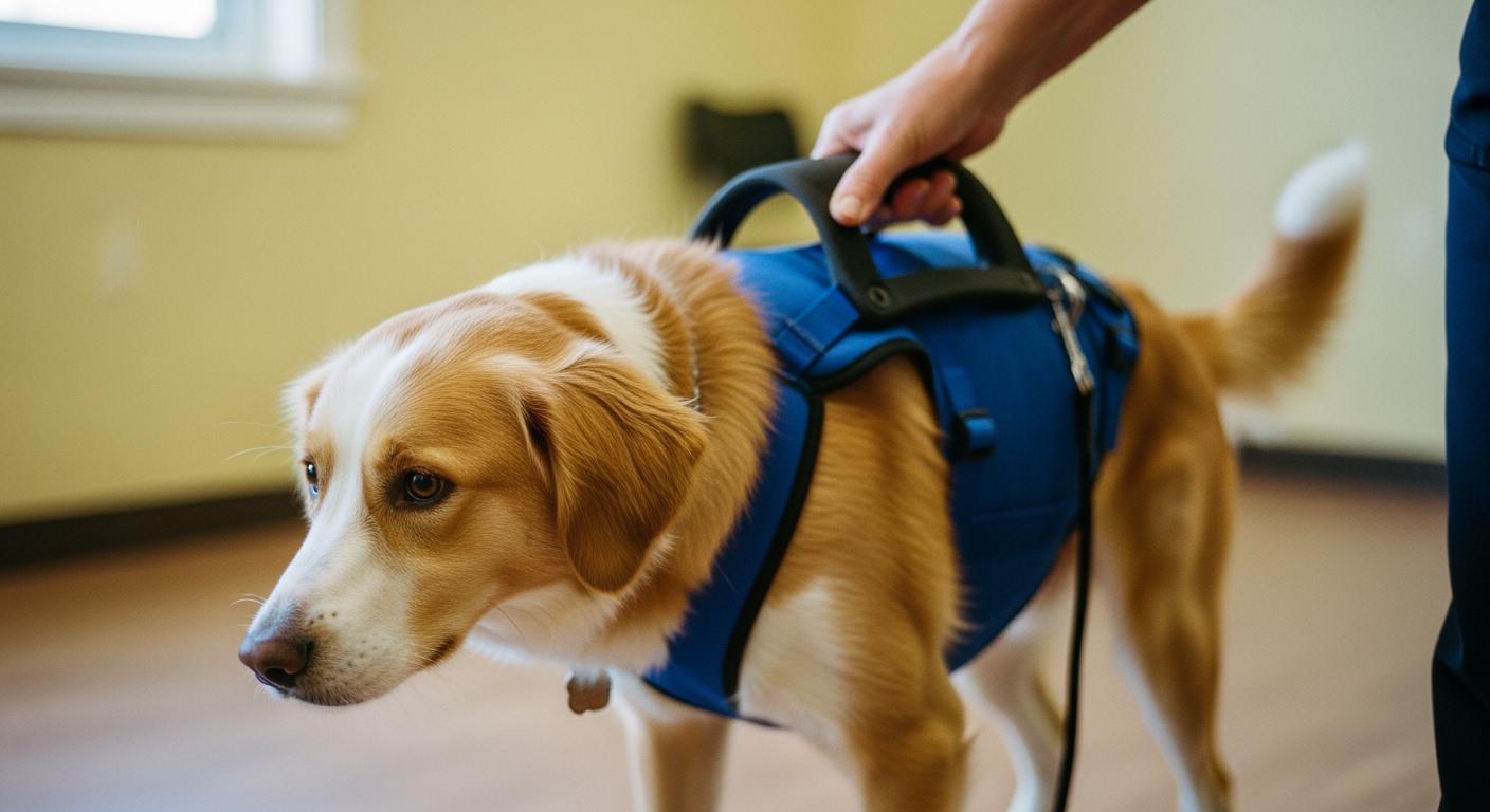 Dog standing with lifting harness support