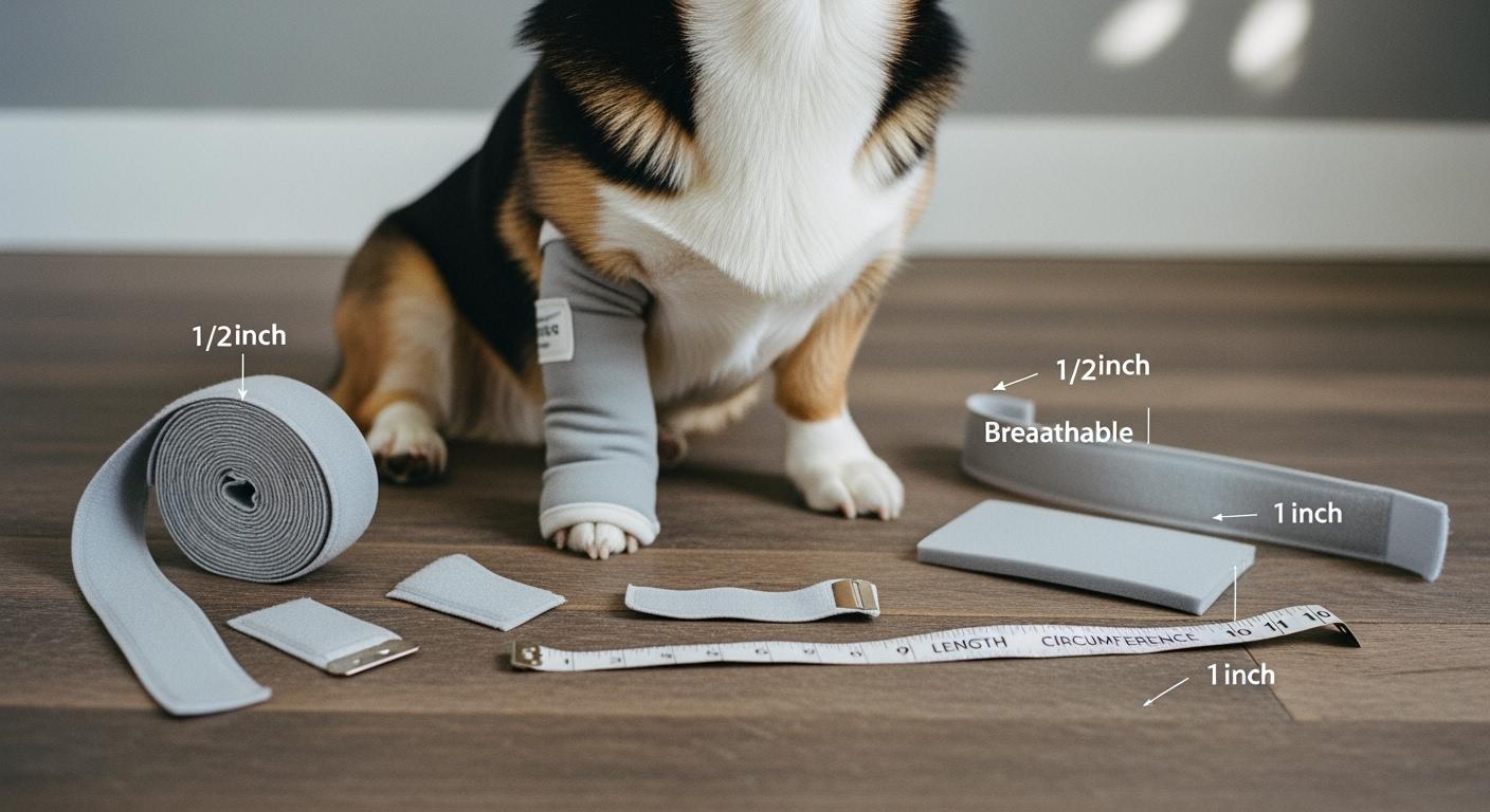 Short-leg dog wearing a front leg recovery sleeve